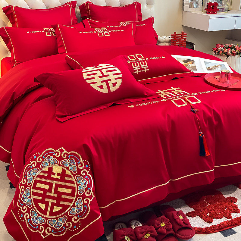 中式婚房刺绣大红色婚庆四件套新婚陪嫁喜字床单被套结婚床上用品,床上用品,婚庆床品套件,淘宝优惠券,粉丝福利购,淘宝优惠卷