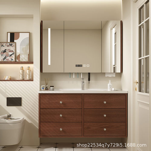 法式复古浴室柜中古风卫生间橡木洗漱台陶瓷一体洗手脸盆柜组合