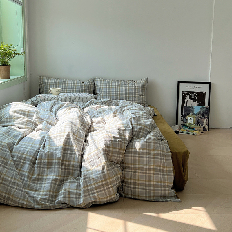 ins格子日式灰简约床上四件套全棉1.5m1.8米学生公寓被套三件套