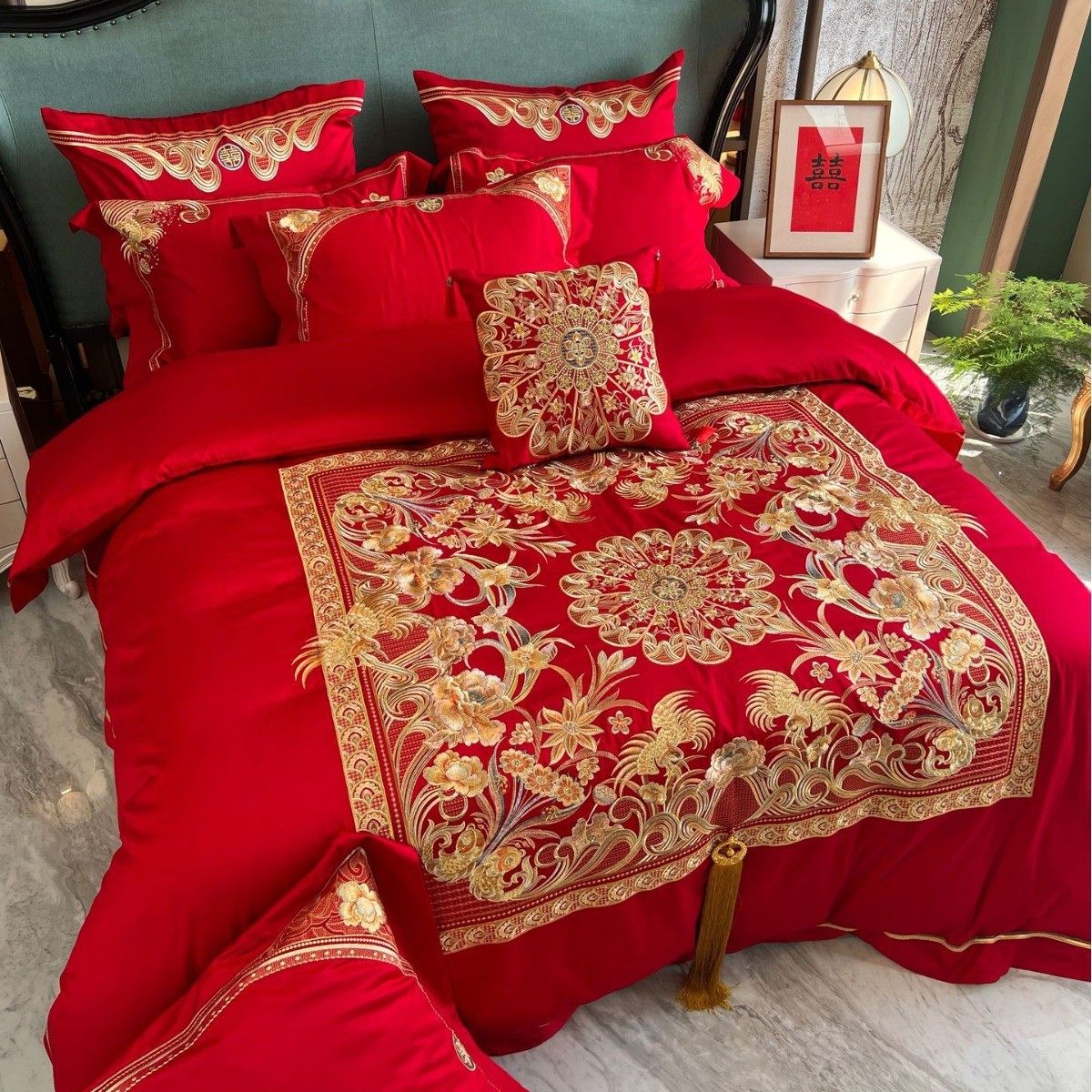 中式婚庆家纺结婚床上用品100支长绒棉刺绣十件套红色四件套陪嫁,床上用品,婚庆床品套件,淘宝优惠券,粉丝福利购,淘宝优惠卷