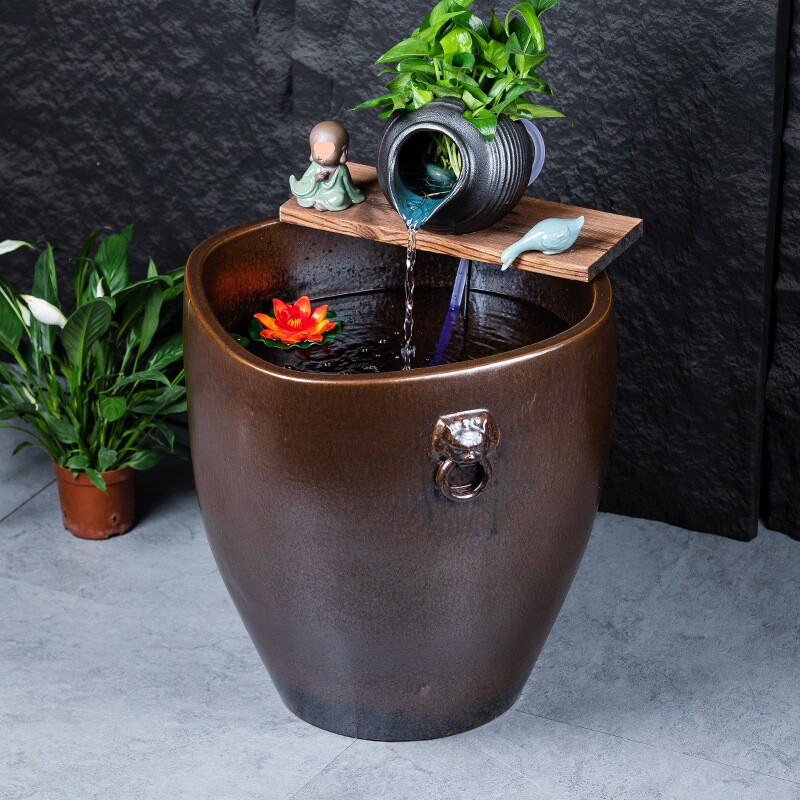 加高陶瓷大缸阳台养鱼缸客厅古法金鱼缸陶罐循环流水造景老式水缸