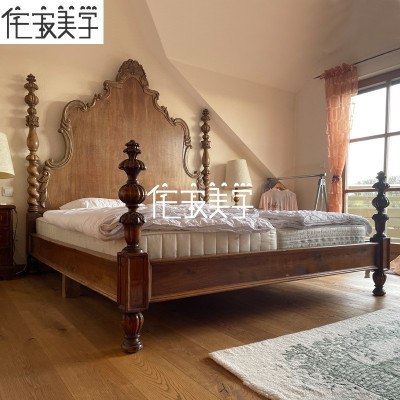 实木双人床怀旧中婚床卧室古风法式复古木床文艺美式橡木客厅儿童