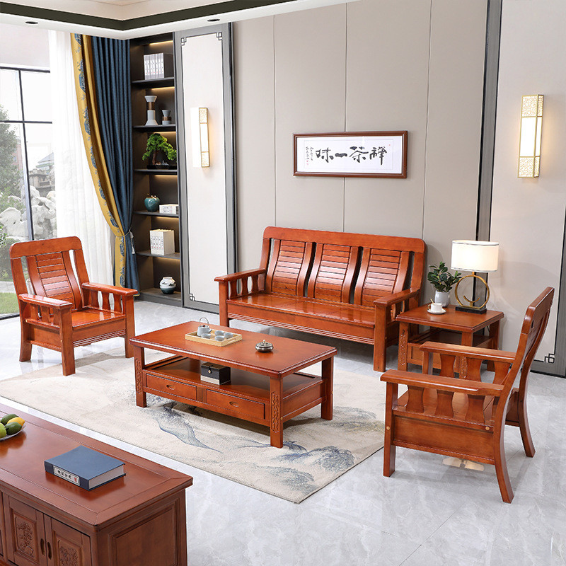 纯实木沙发中式客厅农村自建房小户型三人位橡胶木木制木头家具