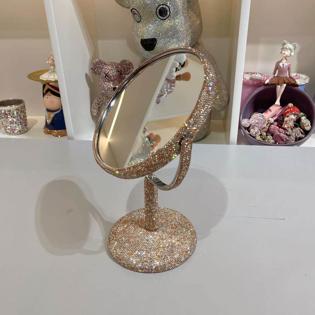 镶钻满钻桌面台式化妆镜水钻梳妆镜折叠公主镜旋转双面镜子礼品