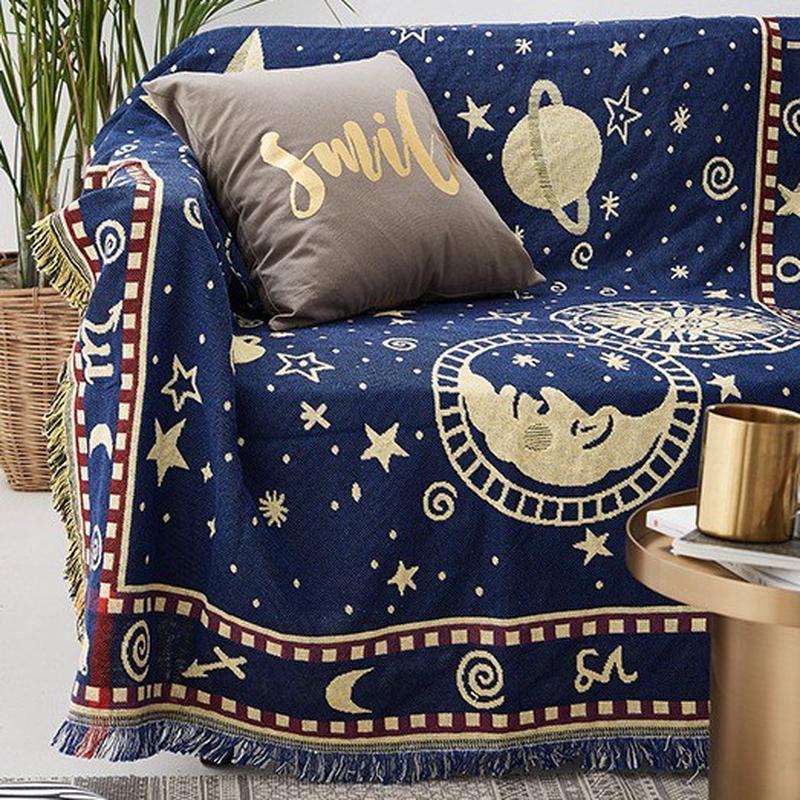 外贸美式星空沙发巾盖毯挂毯流苏线毯涤棉提花毯子床毯
