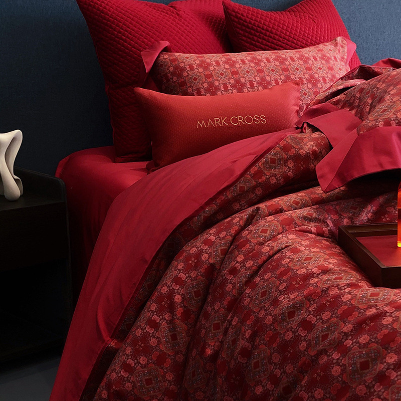 复古奢雅欧式婚庆100支长绒棉四件套红色全棉婚庆柔软被套床单
