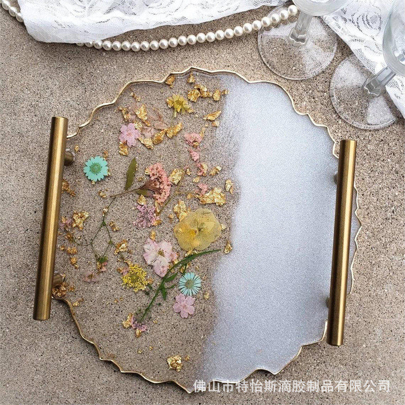 香薰托盘 托盘珠光白透明真花干花金箔法式树脂滴胶时尚把手托盘卧室置物盘