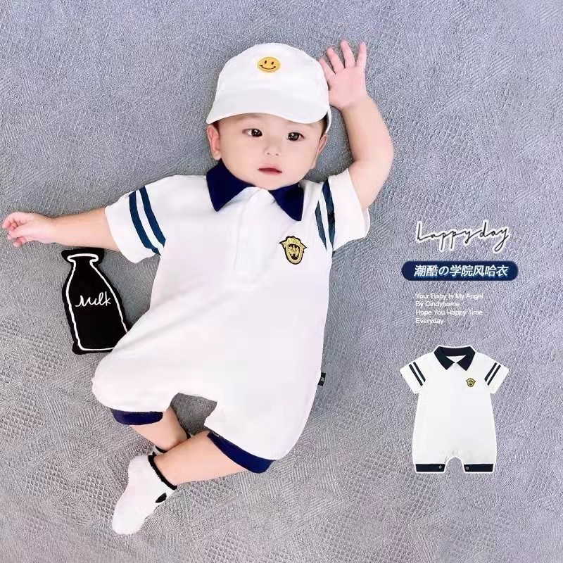 婴儿连体衣服夏季新生男宝翻领学院风爬服薄款透气POLO衫短袖哈衣