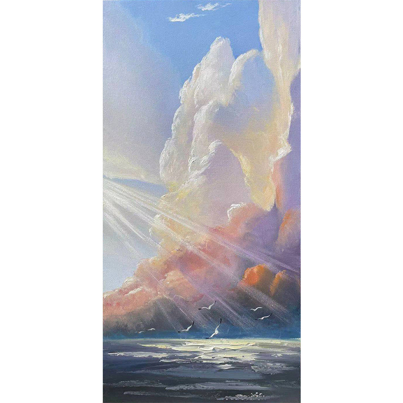 手绘入户玄关装饰画竖版过道天空挂画现代手绘油画蓝色背景墙简约图片