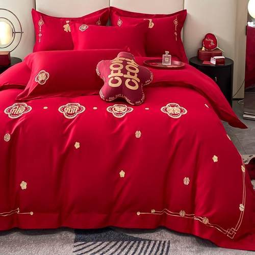 中式龙凤结婚四件套一件床单被套喜被婚庆床上用品工厂大红色批发