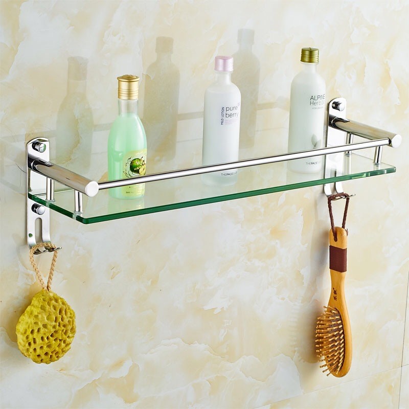 浴室304不锈钢玻璃托盘客厅卧室卫生间钢板壁收纳钩挂带置物架