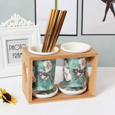 厂价批发创意陶瓷架沥水架竹木刀叉骨瓷筷子筷子筒双筒防霉筷子笼