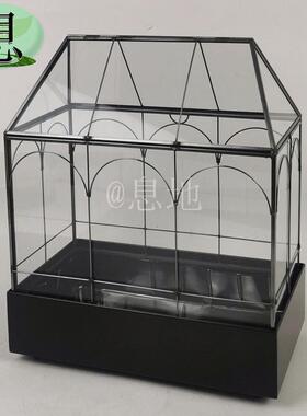 310b铜制小房子花房铁盘底座多肉植物几何玻璃带摆件防尘盒批发