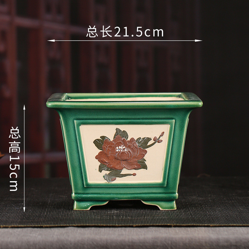 张治诚精品水手绘浮雕釉紫砂花盆批发多肉盆景yzfd14