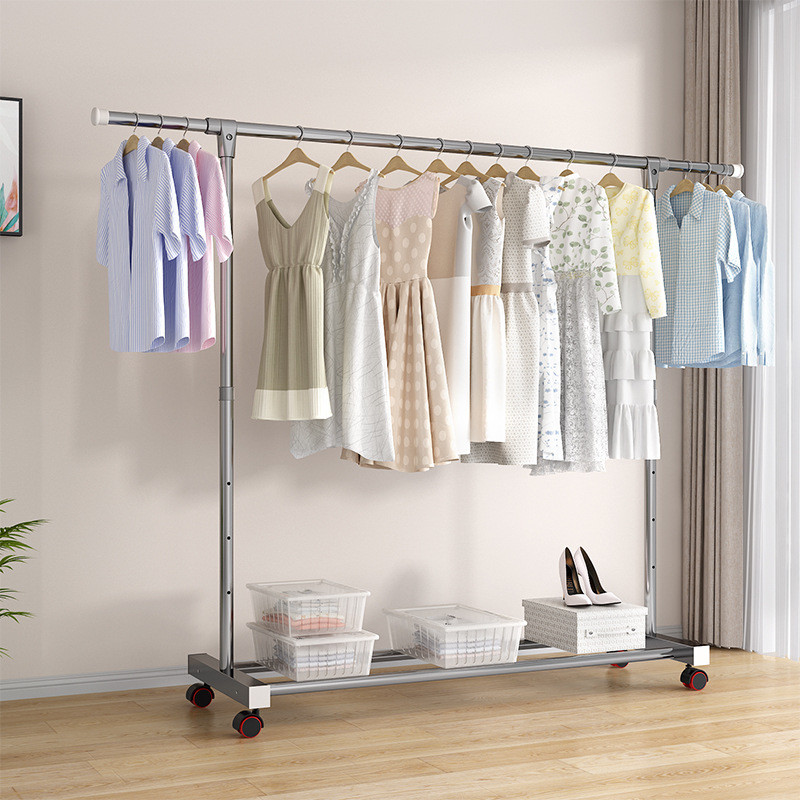 金属晾衣架落地卧室杆凉衣家用伸缩挂衣架室内简易收纳阳台晒衣架