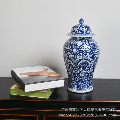 热销景昌中式花瓶花纹客厅玄关陶瓷将军罐青花