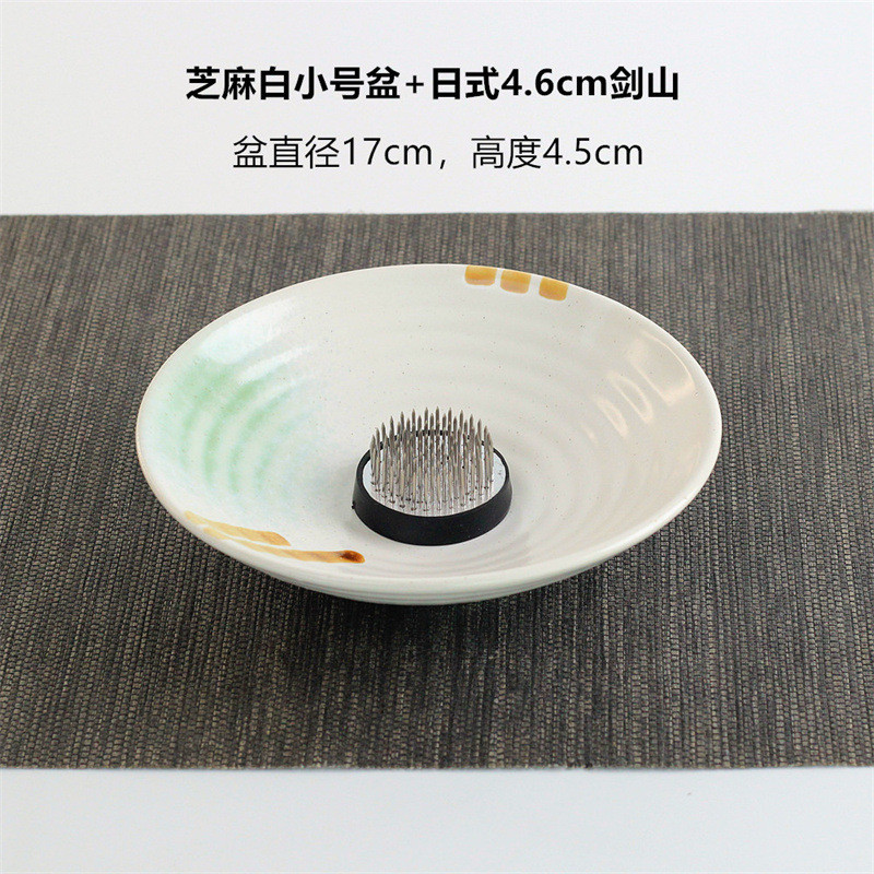 禅意剑山插花器皿黑色陶瓷三足盘复古花盘东方插花中式插花水培盆