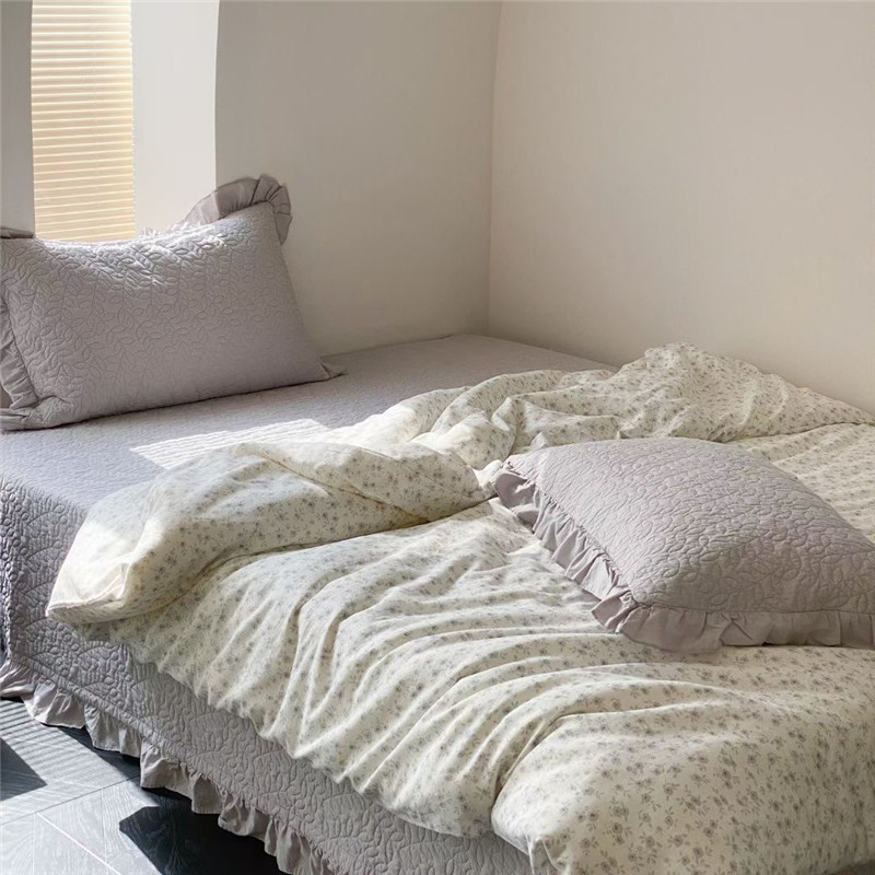 双层纱四件套全棉法式水洗棉高端花边绗缝床盖三件套单独双人被套