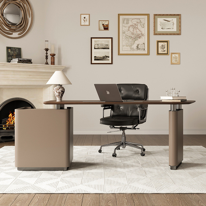 热销中写字台实木书桌极简家用书房办公桌高档马鞍皮胡桃色电脑桌
