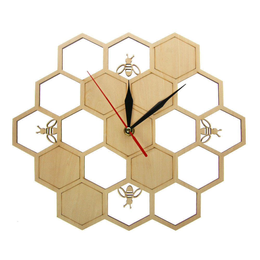 热卖创意木质六边形蜂巢蜜蜂墙艺术墙钟家居客厅装饰无声扫秒时钟