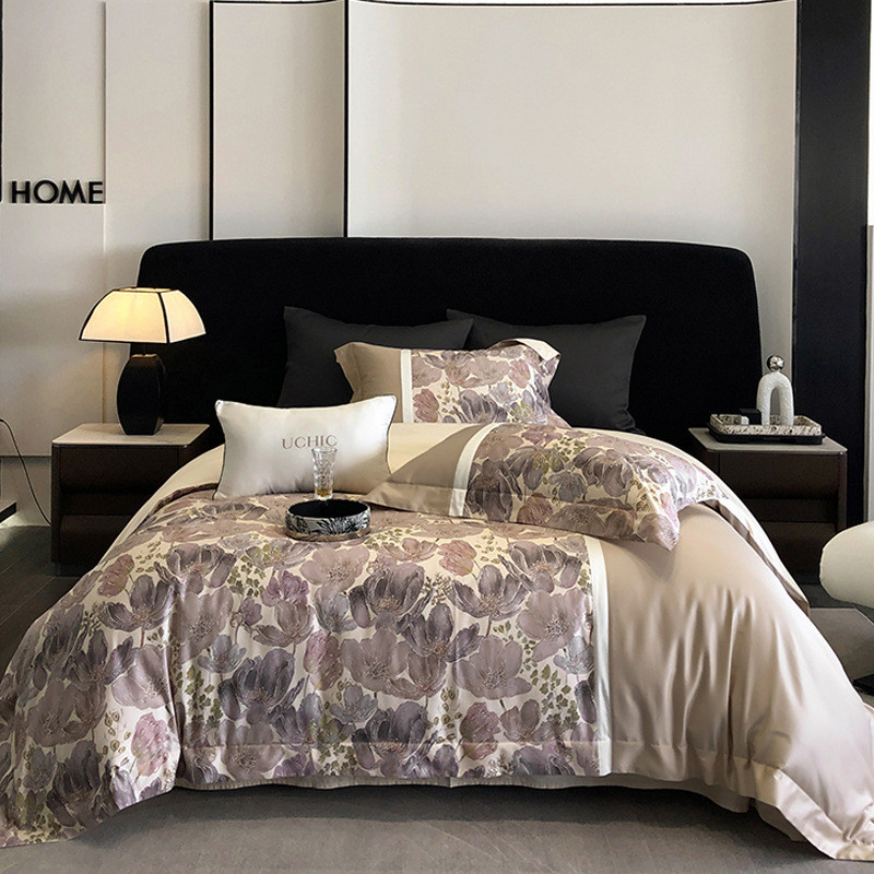 轻奢高级感100S长绒棉四件套全棉田园数码印花被套别墅样板间床品