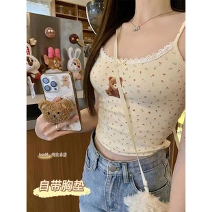 带胸垫赵露思同款黑色晒伤小熊吊带背心蕾丝收腰显瘦甜辣打底上衣