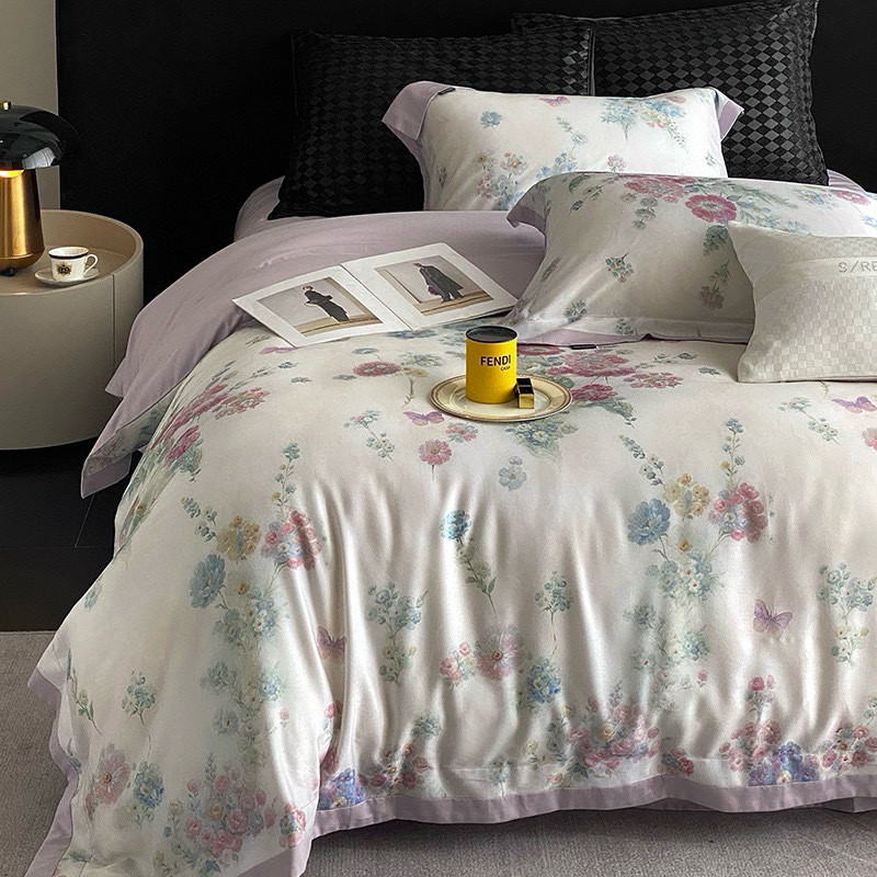 天丝棉磨毛印花四件套美式花卉床上用品田园高级感秋冬被套床单