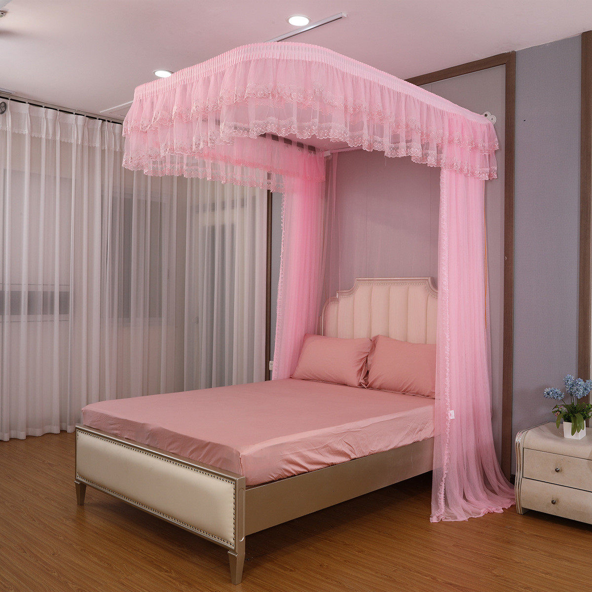 厂家批发导轨蚊帐挂墙式1米5床u型轨道拉绳加粗蚊帐支架导轨加厚