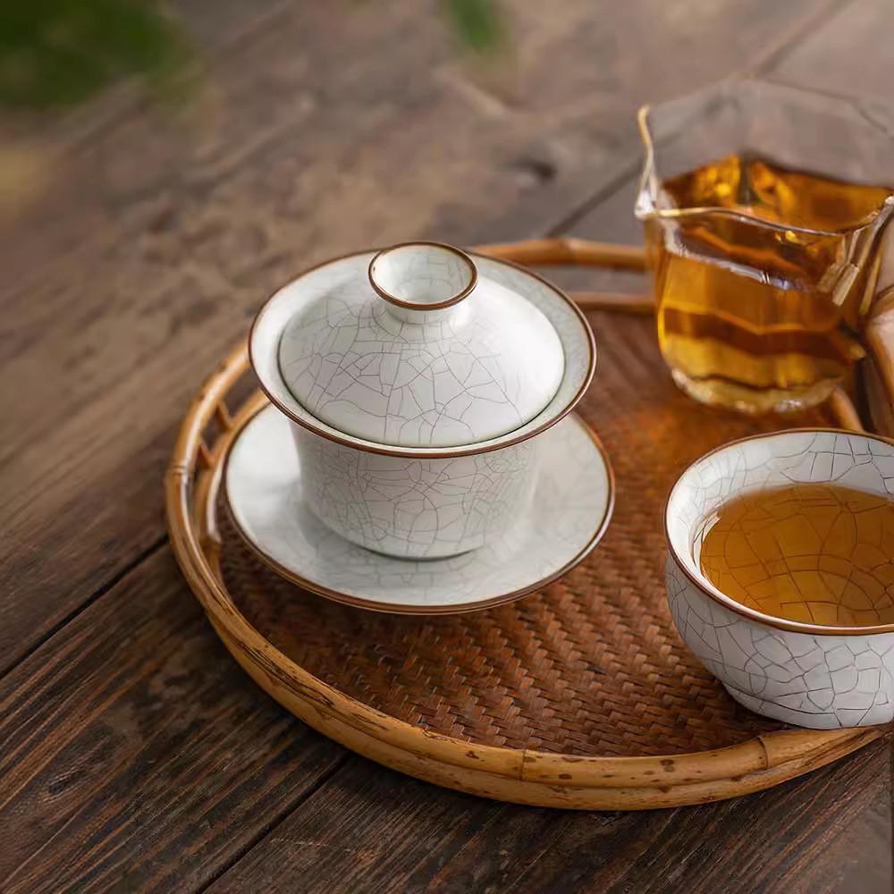 月白汝窑盖碗冰裂开片陶瓷茶杯功夫泡茶茶具大号带盖单个三才茶碗