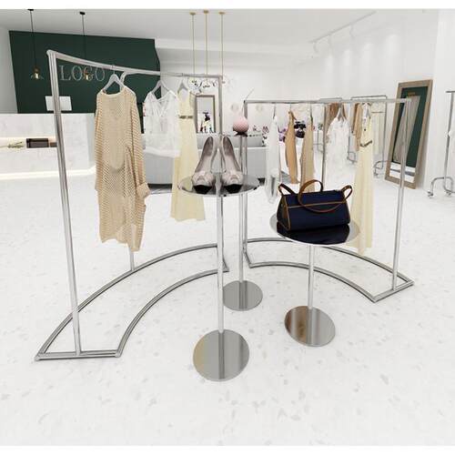 服装店展示架新款弧形中岛架不锈钢高低半圆挂衣架流水台陈列货架