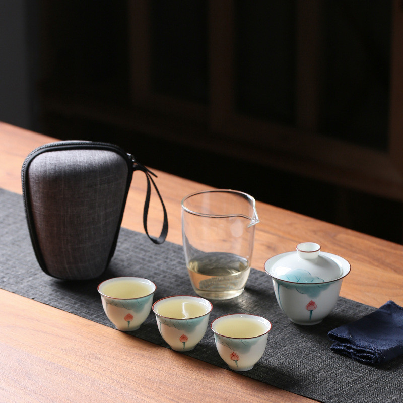 德化手绘荷花盖碗一壶三杯旅行茶具便携快客杯陶瓷功夫小套装