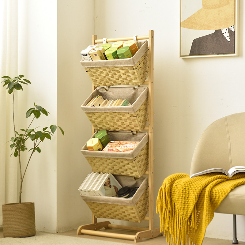 实木多层置物架客厅零食收纳架子仿藤编书报架吊篮落地玩具储物架