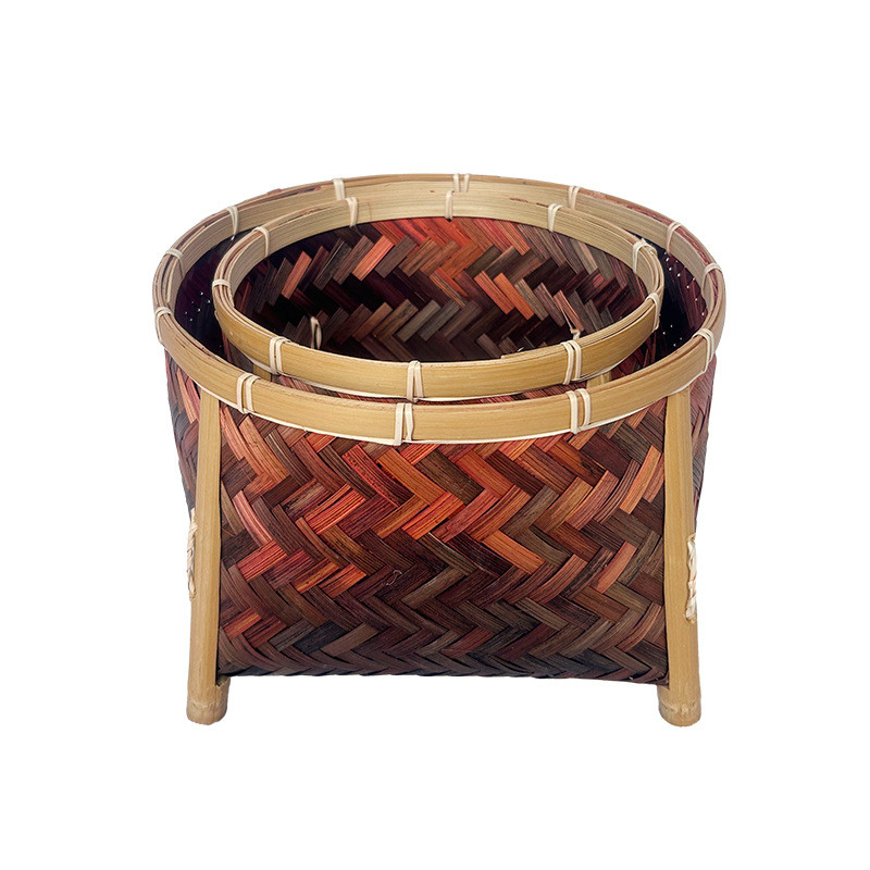 竹篮带支脚架竹制编织筐收纳水果家用放置批发几何编织厂家杂物