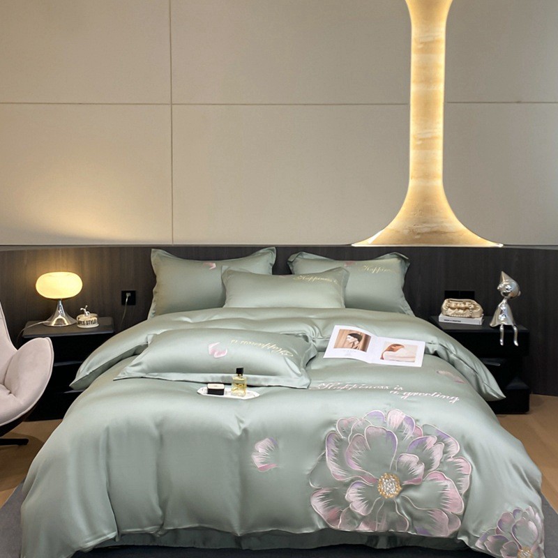 新款雪莲天丝绣花四件套轻奢纯色被罩床单四件套高档丝滑床品套件