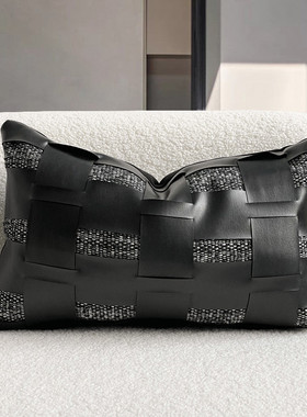 现代简约样板间靠枕沙发靠垫黑色小肌理民宿皮革腰靠镂空酒店抱枕