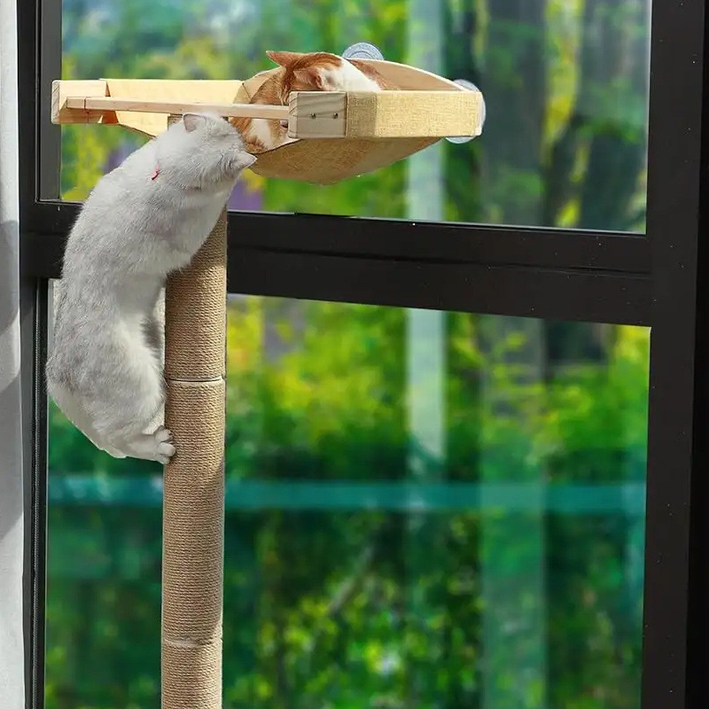 热销木质猫咪猫抓柱木质悬挂猫吊床猫咪晒太阳实木猫爬架一体猫树