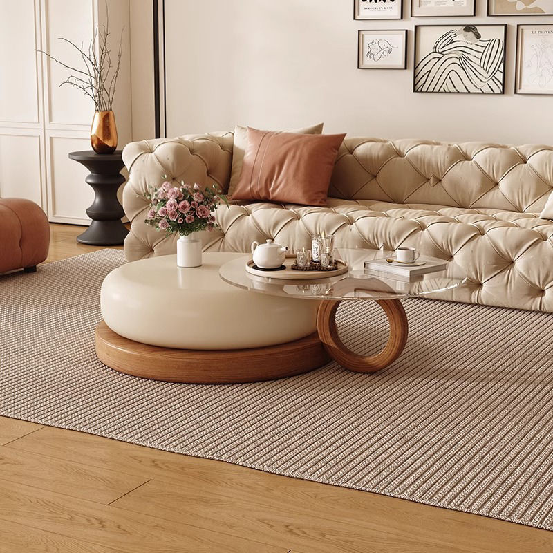 热销奶油风中古客厅家用小户型圆形设计师日式茶几高级感简约原木