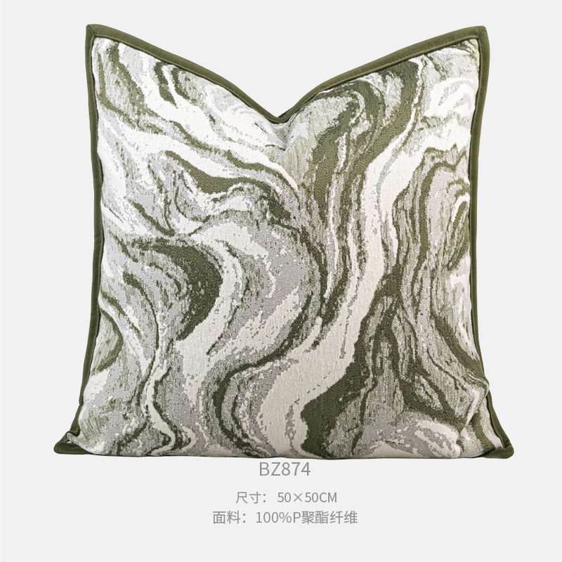 新中式高端样板间绿色抱枕客厅沙发大靠枕抽象水墨肌理侘寂风靠垫