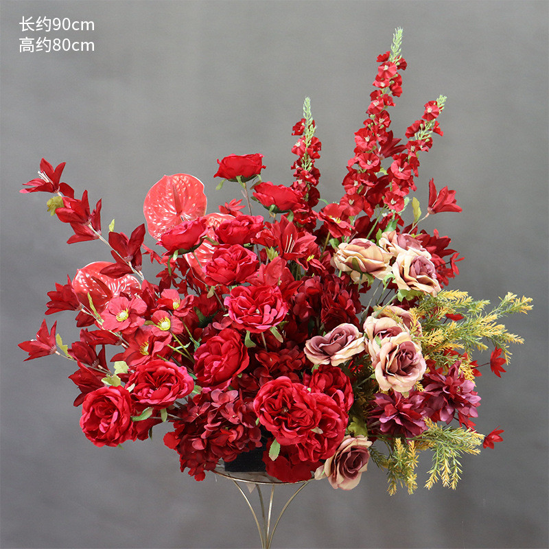 婚庆路引花红色香槟色盆花道具秋色花球花艺装饰布置仿真花盆婚礼