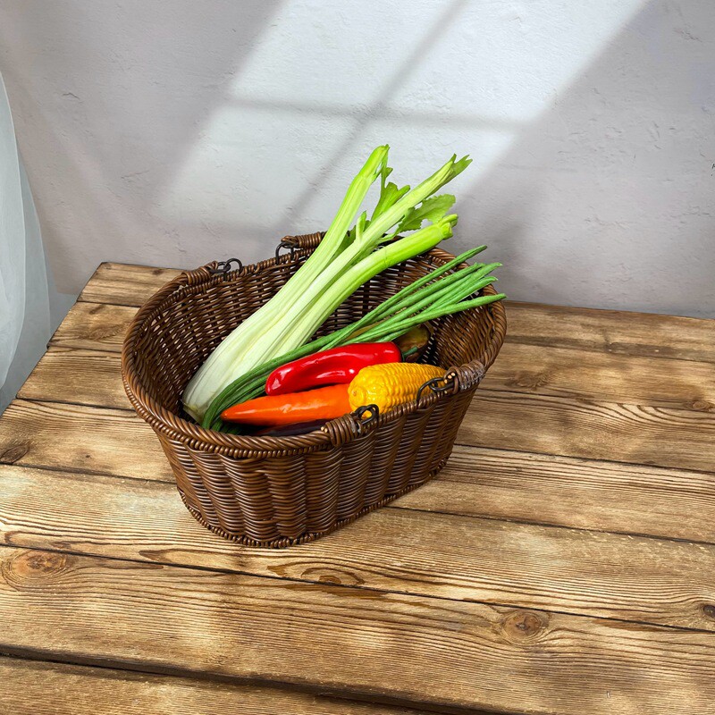 仿藤铁架活耳提篮竹编手提篮藤编篮子购物篮子水果篮买菜提篮藤筐