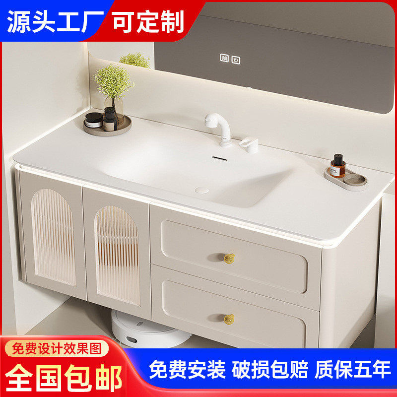 法式轻奢浴室柜组合洗手烤漆可丽耐一体盆橡木脸洗漱台卫生间吊柜