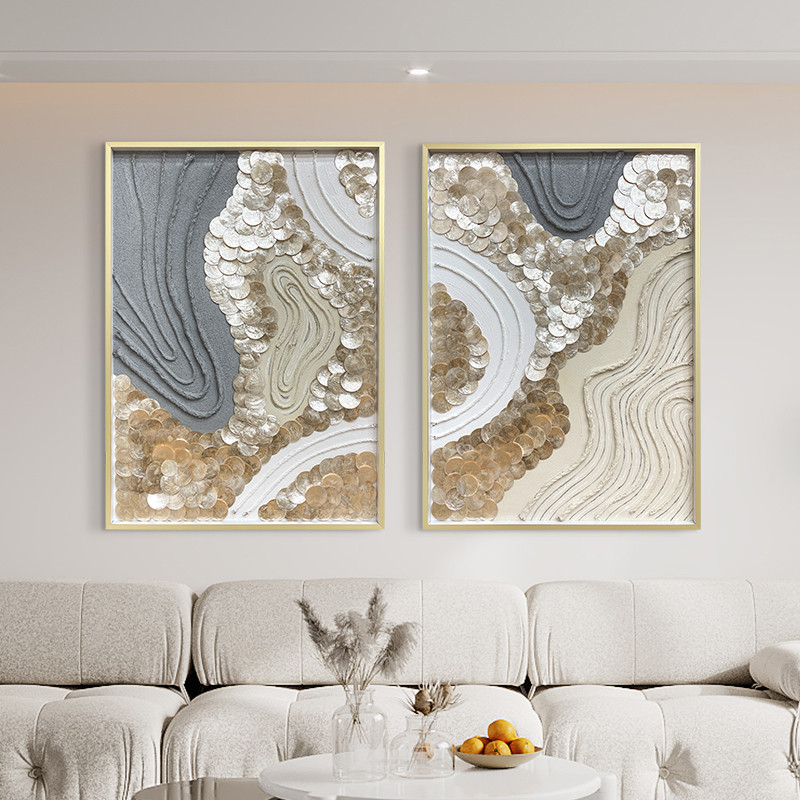 创意轻奢贝壳装饰画客厅玄关卧室两联画手绘抽象艺术油画立体挂画图片