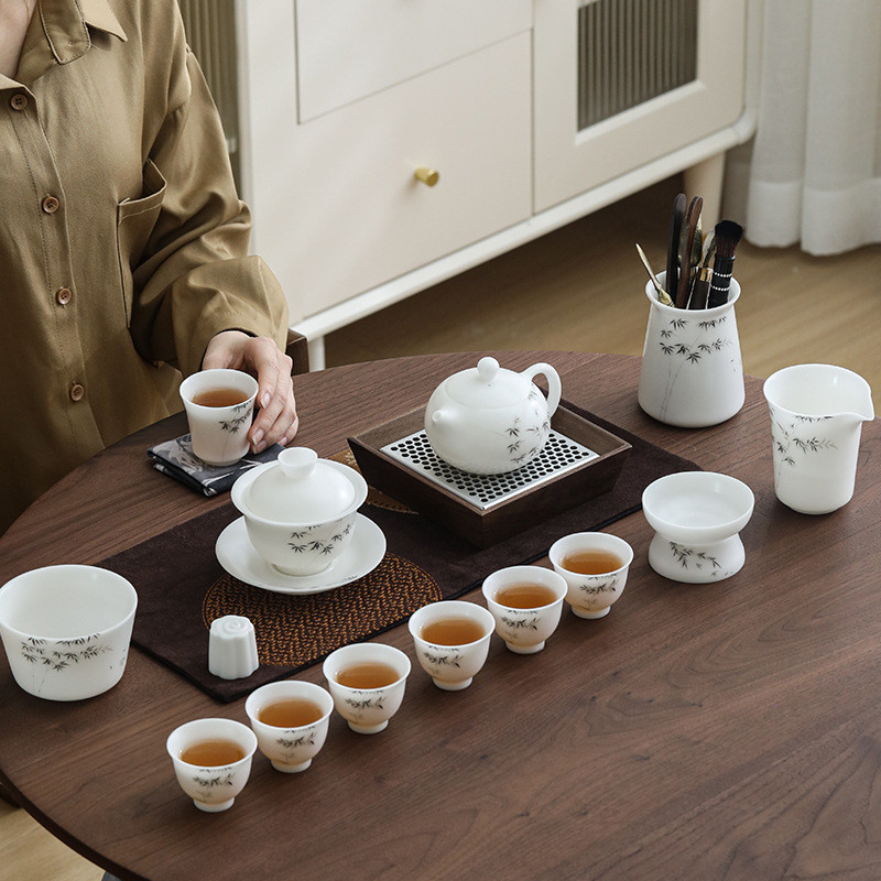 冰种素烧茶具套装高档西施壶三才盖碗德化羊脂玉墨竹水墨江山茶具
