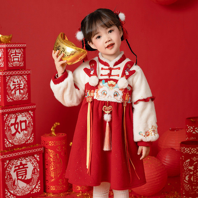 冬装宝宝过年喜庆红色小女孩新年装中国风拜年服