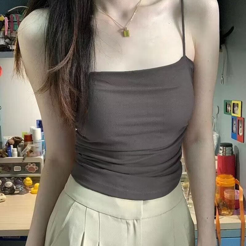 粉色辣妹美背吊带背心女带外扩胸垫显胸修身显瘦内搭外穿打底上衣