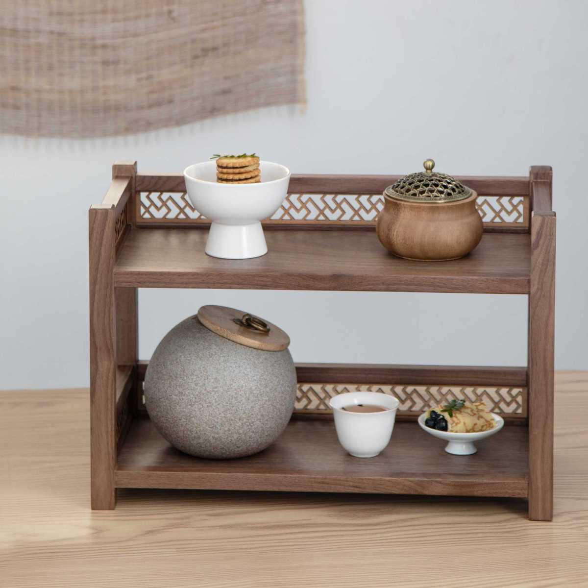 黑胡桃桌面置物架小型多宝阁博古架实木双层茶壶摆件茶具展示架