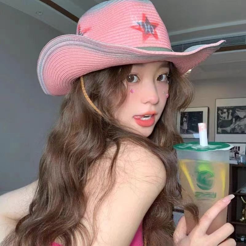 批发粉色辣妹帽子西部牛仔小众草帽防晒帽沙滩海边遮阳帽夏季女帽