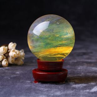 万熔炼水晶水晶球旋转底座高人雅水晶球应黄色熔炼水晶球摆件