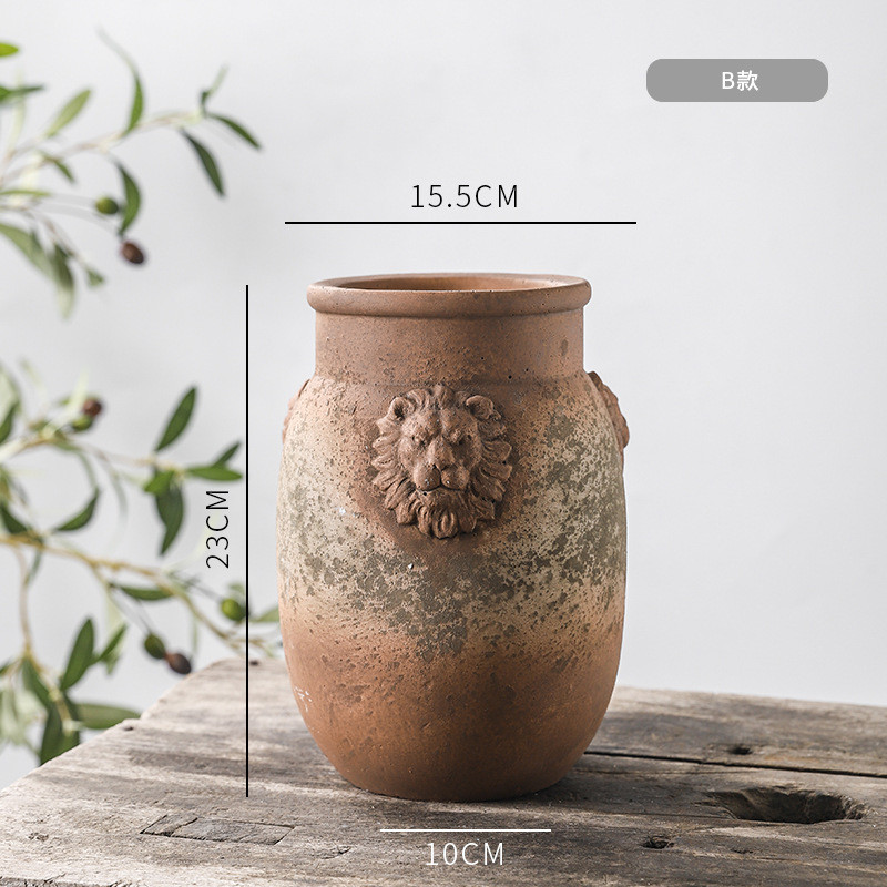 高档艺术仿古红陶复古陶罐手工粗陶绿植水泥花瓶创意摆件小号花器