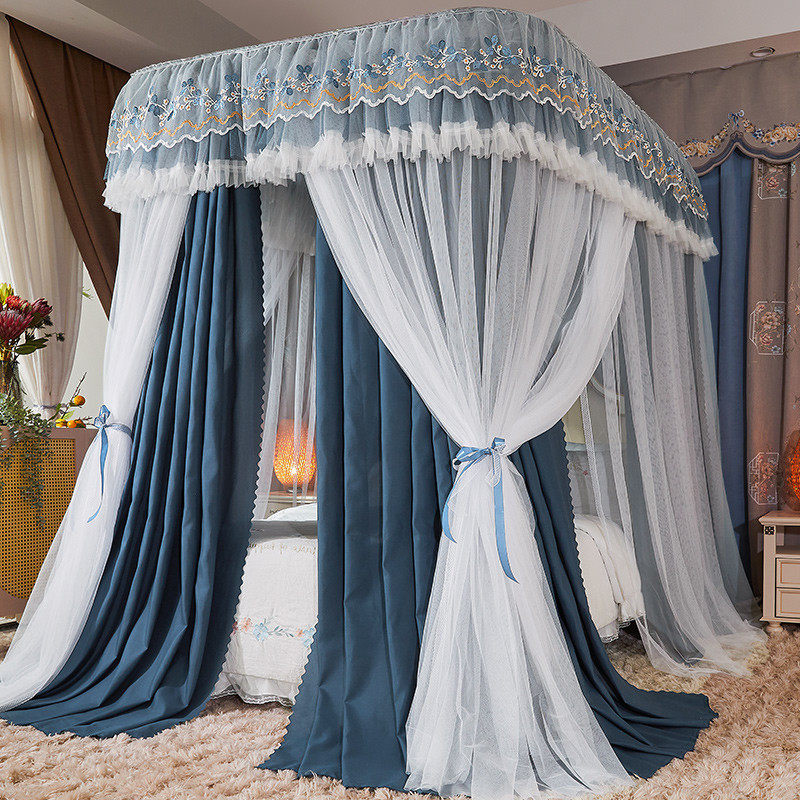 a6l双层导轨蚊帐新款公主u型轨道防尘遮光家用卧室三开门落地加粗